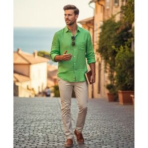 Uniqlo 100% Linen Button Down Shirt Men's XL Green Minimalist Resortwear Coastal